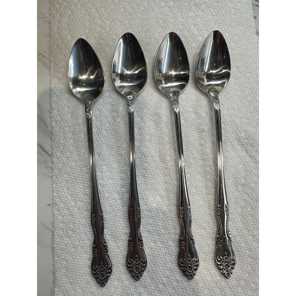 Set of 4 Rogers Stainless Dream Rose Korea Iced Tea Spoons Long Handle